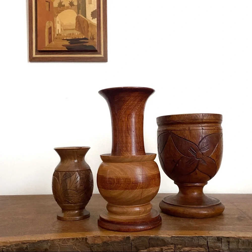 Vintage Wooden Vase Turned Wood MCM Rustic Bohemian Decor República Dominicana